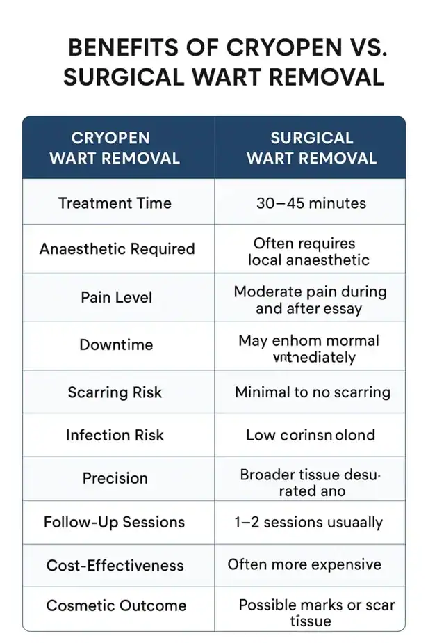 Table showing the benefits of cryopen to remove warts Tyne & Wear compared to surgical treatment